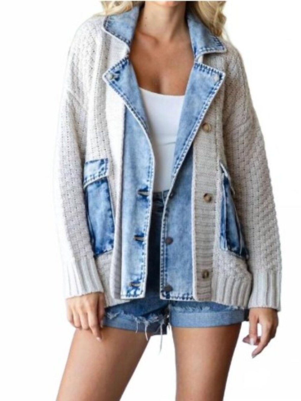 Veveret Denim and Knit Jacket in Cream/Denim Size S Oversized Like New